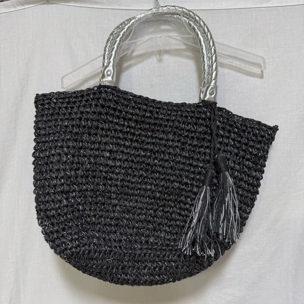 Straw purse bag black boho Medium black handles Silver Metallic Threads - Picture 1 of 7